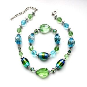 Art glass blue green beaded choker necklace and bracelet set lampwork Murano